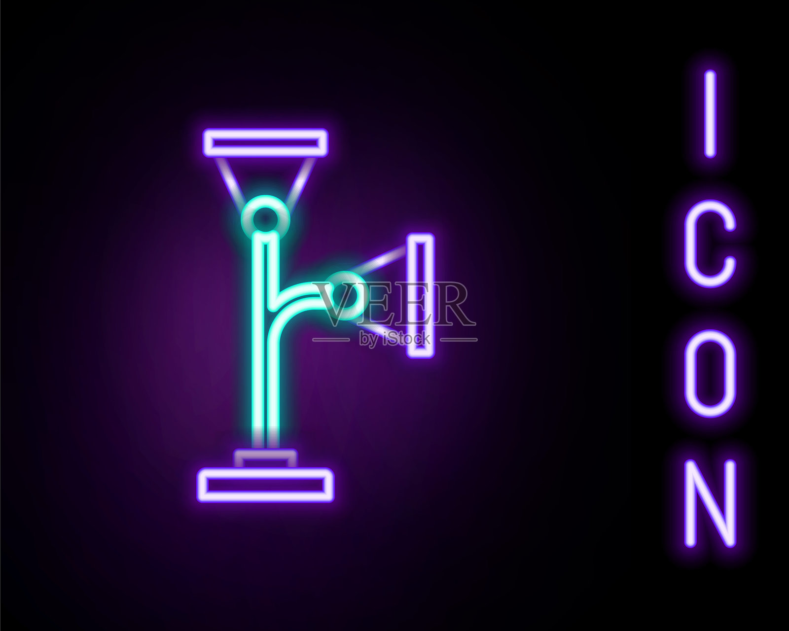 发光的霓虹线落地灯图标，背景为黑色。彩色轮廓概念。矢量图。插画图片素材