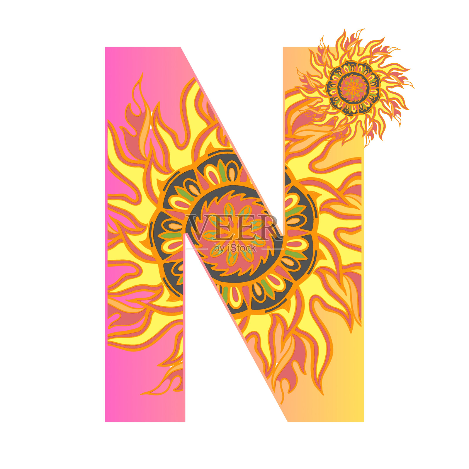 曼荼罗字母的外观闪耀着，宛如一幅阳光般闪耀的曼荼罗字母矢量图像。插画图片素材