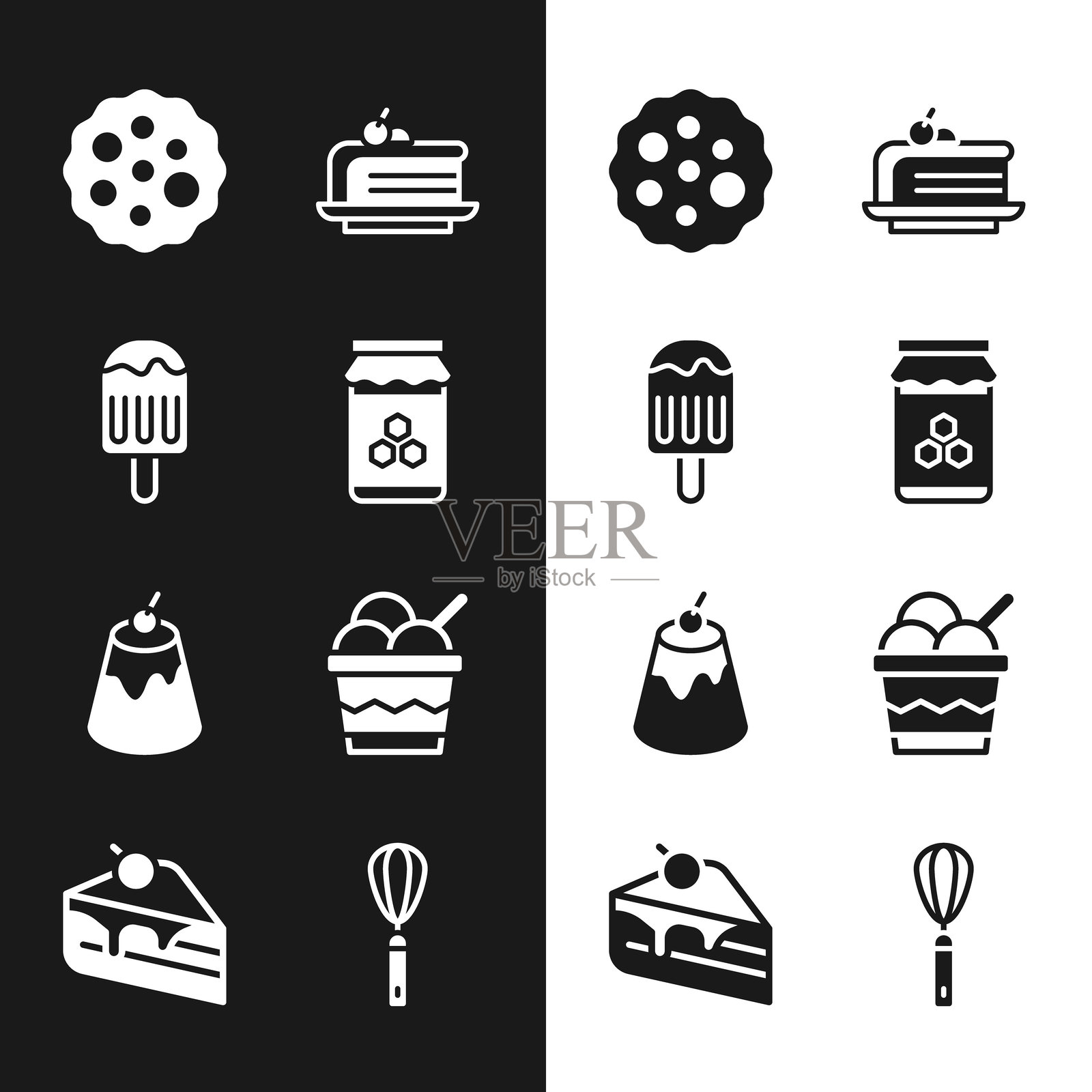 蜂蜜罐、冰淇淋、饼干、蛋糕块、布丁、碗、厨房打蛋器和图标。矢量图。插画图片素材