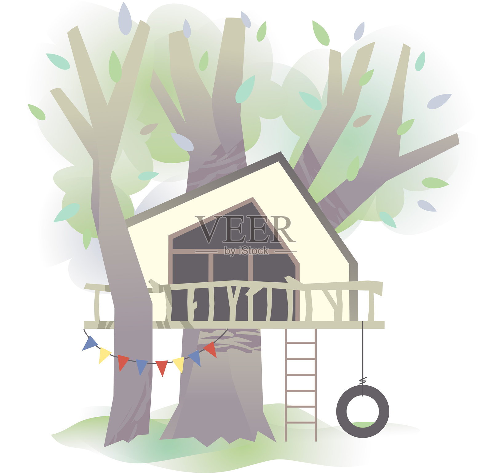 木屋，绿色树叶和树枝之间的绳梯插画图片素材