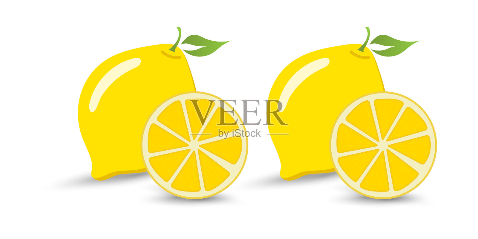 一组两颗新鲜明亮的黄色柠檬，搭配一半整齐切开的柠檬，展示其多汁的柑橘内里。以及一幅黄色柠檬的矢量图。插画图片素材
