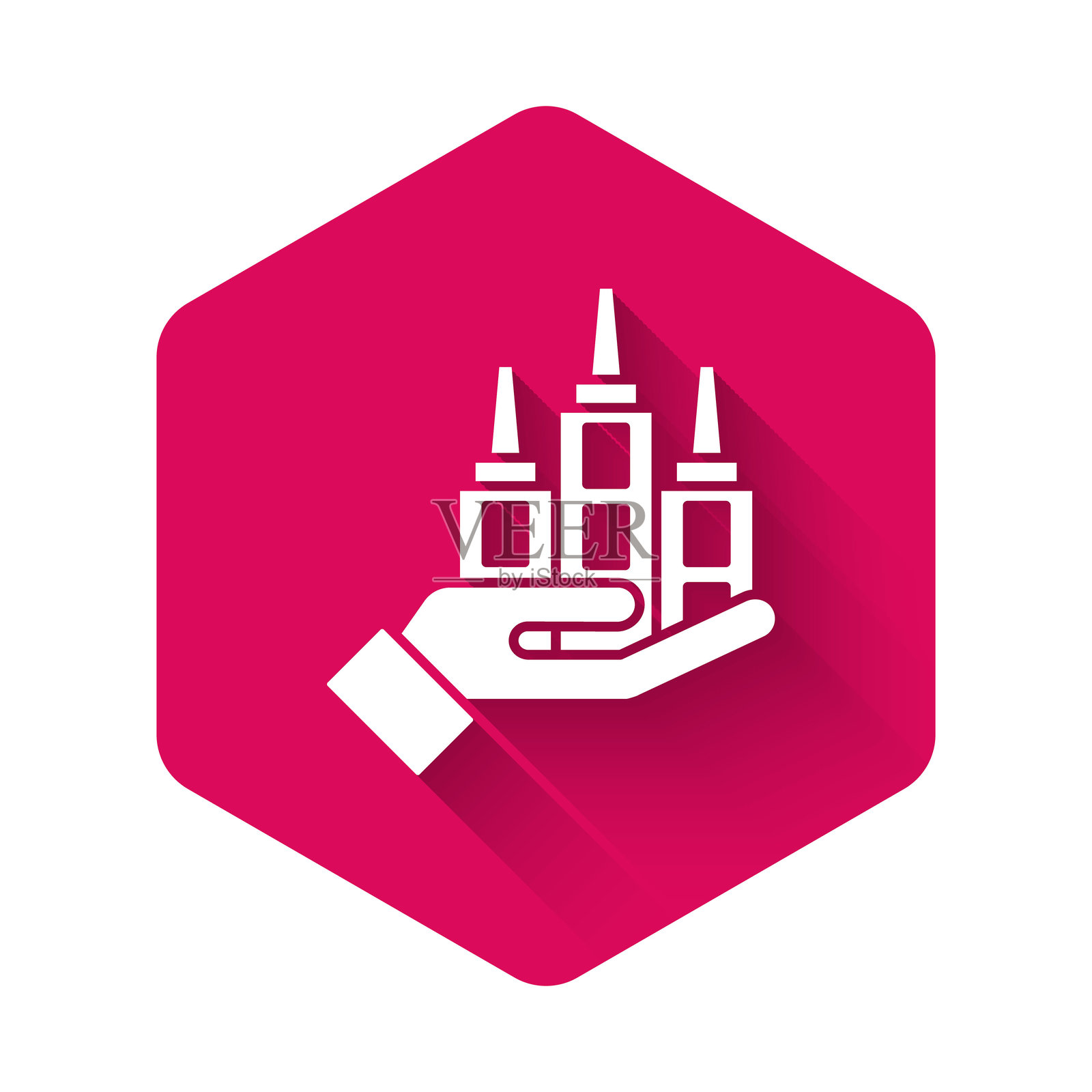 白色摩天大楼图标，带有长阴影背景。大都市建筑全景。粉色六边形按钮。矢量图。插画图片素材