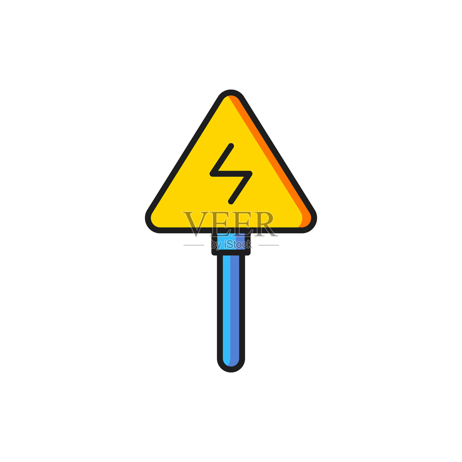 高压电标志图标，背景为白色。危险符号。三角形中的箭头。警告图标。扁平填充轮廓风格，带阴影。矢量图。插画图片素材