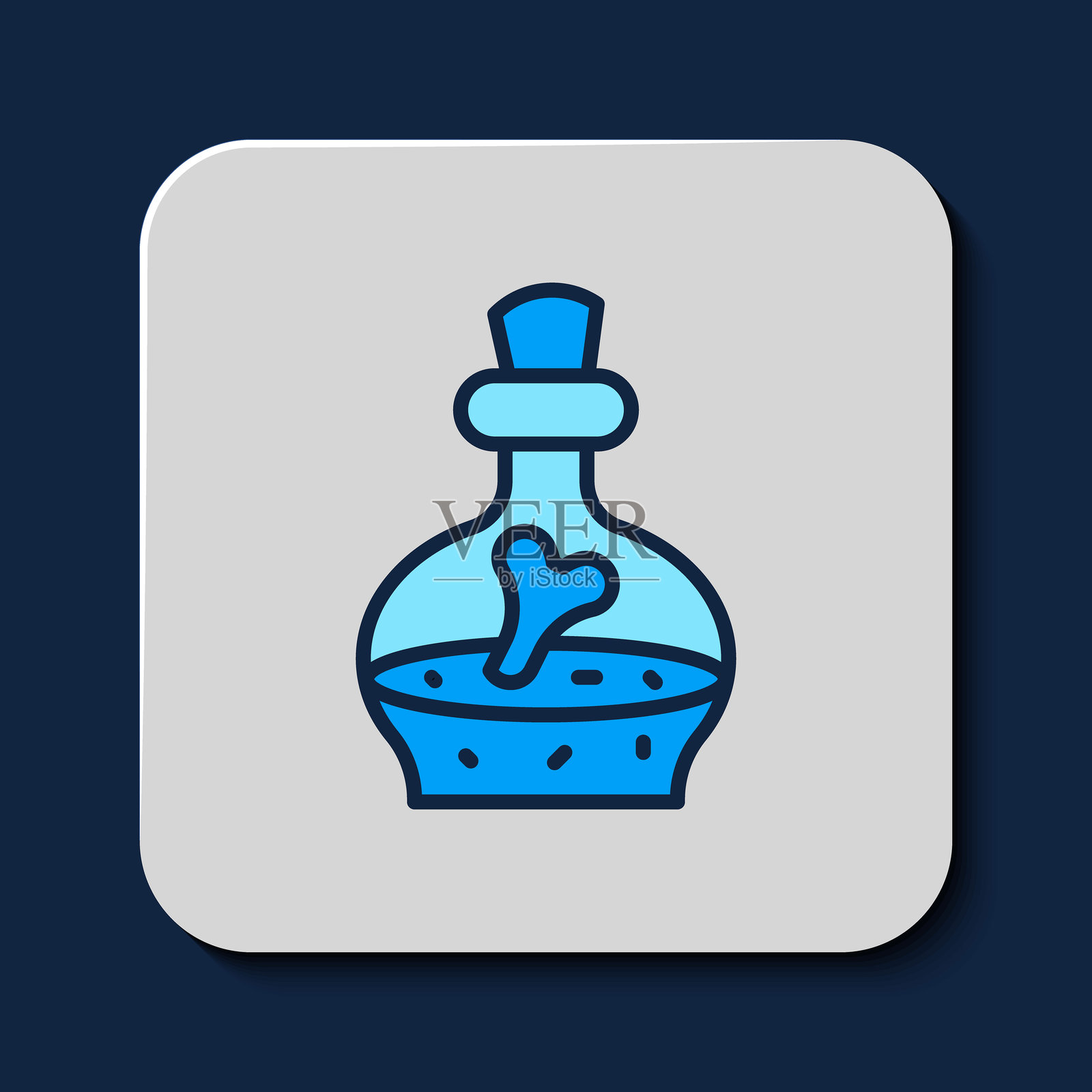 装满药水的瓶子图标，背景为蓝色。魔法药水的烧瓶。快乐的万圣节派对。矢量图。插画图片素材