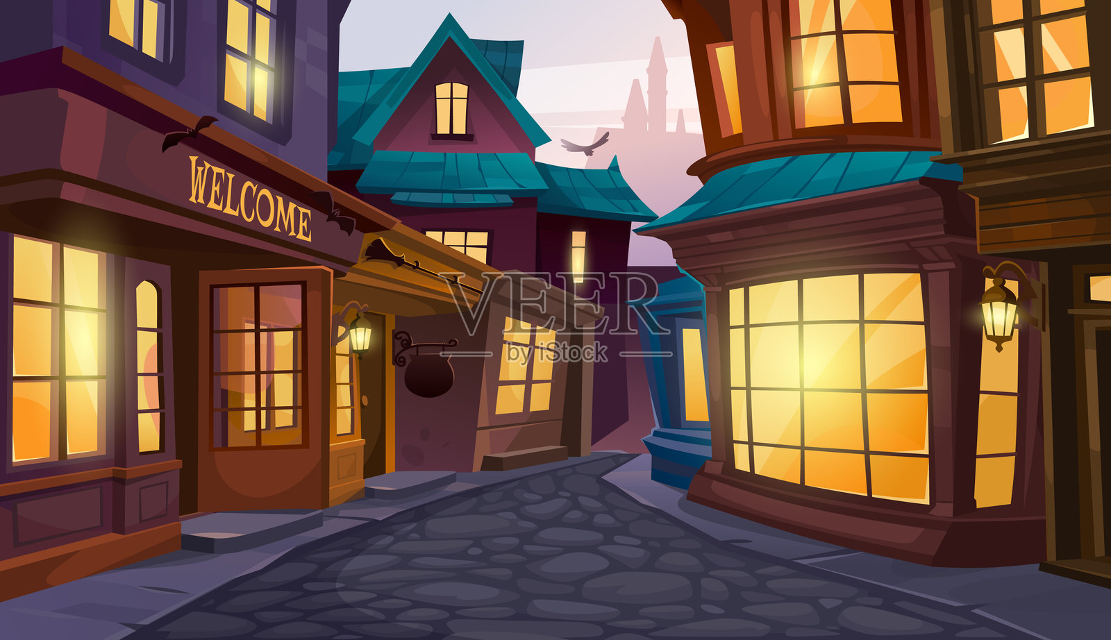 一位巫师漫步在一个神奇的村庄。带有神秘氛围的魔法山谷卡通矢量插图，黄昏时分的猫头鹰、酒吧和商店。插画图片素材