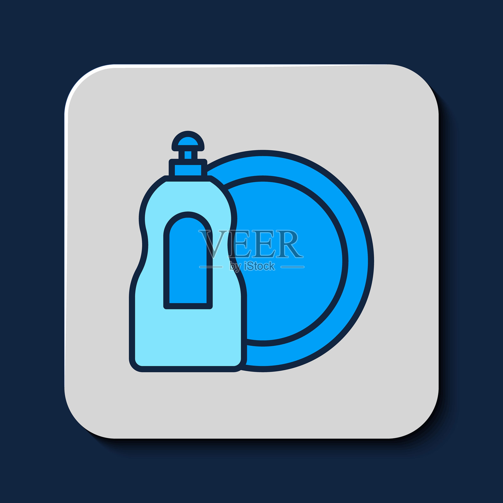 填充轮廓的洗洁精瓶和盘子图标，背景为蓝色。用于洗碗的液体洗涤剂。矢量图。插画图片素材