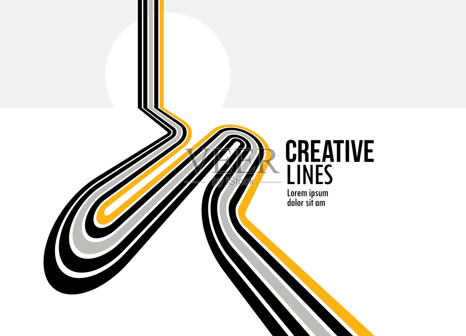 黑白线条的3D透视图，带有黄色元素的抽象矢量背景，线性透视插图，通往地平线的道路。插画图片素材