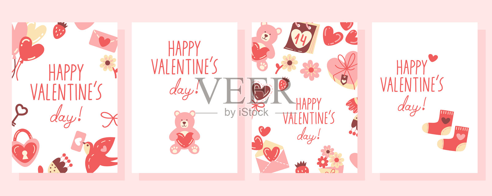 圣瓦伦丁节卡片模板套装。爱心、糖果、气球、泰迪熊和其他浪漫符号。插画图片素材