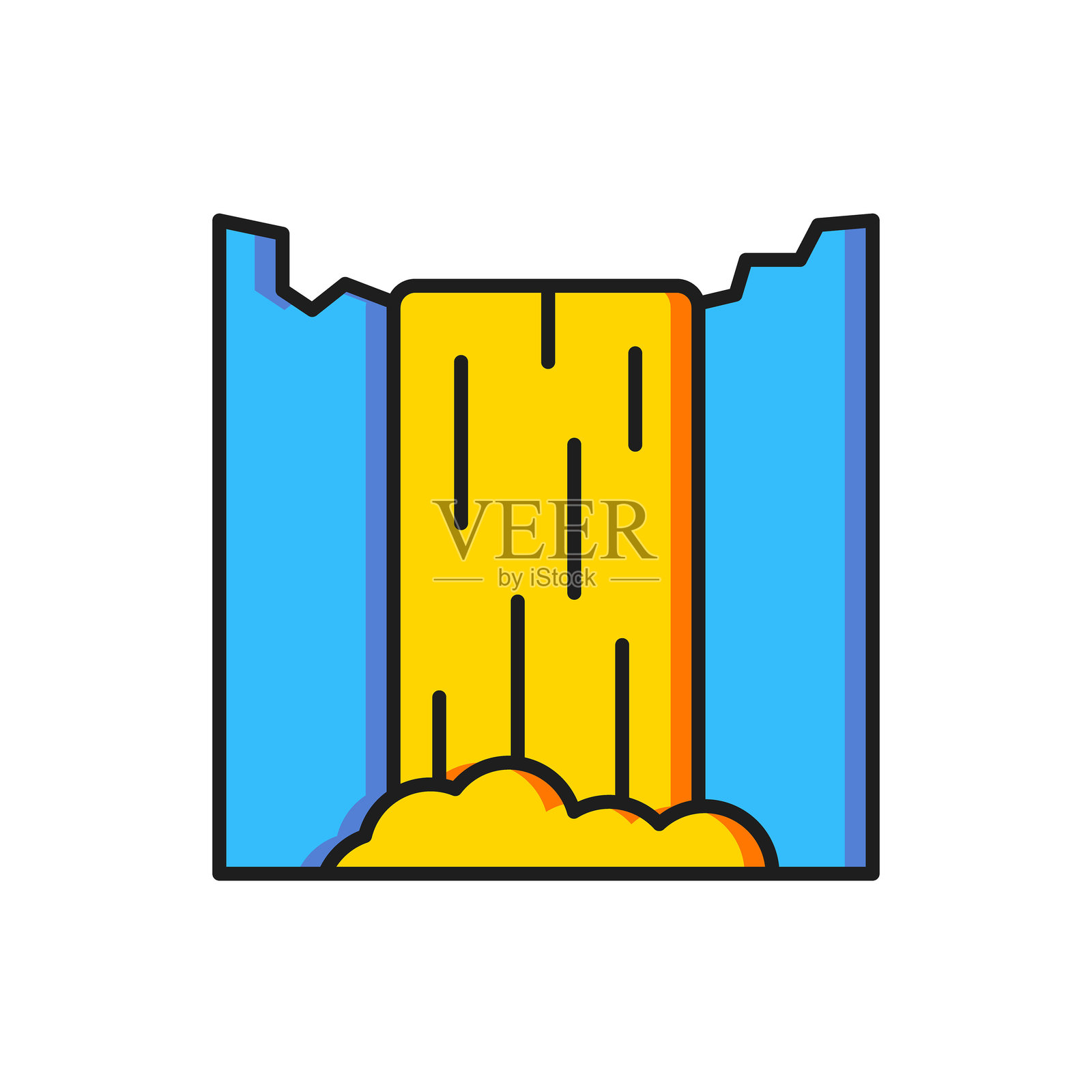 彩色瀑布图标，背景为白色。扁平填充轮廓风格，带有阴影效果。矢量图。插画图片素材