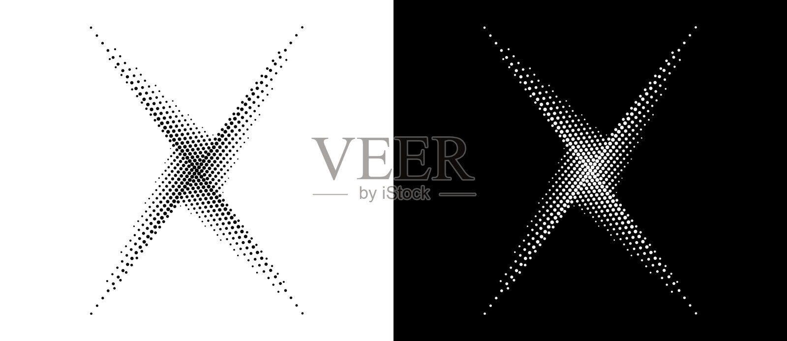 现代抽象背景。半色调矢量点呈螺旋或星形。设计元素或图标，标志。黑色图形在白色背景上，以及相同的白色图形在黑色背景上。插画图片素材