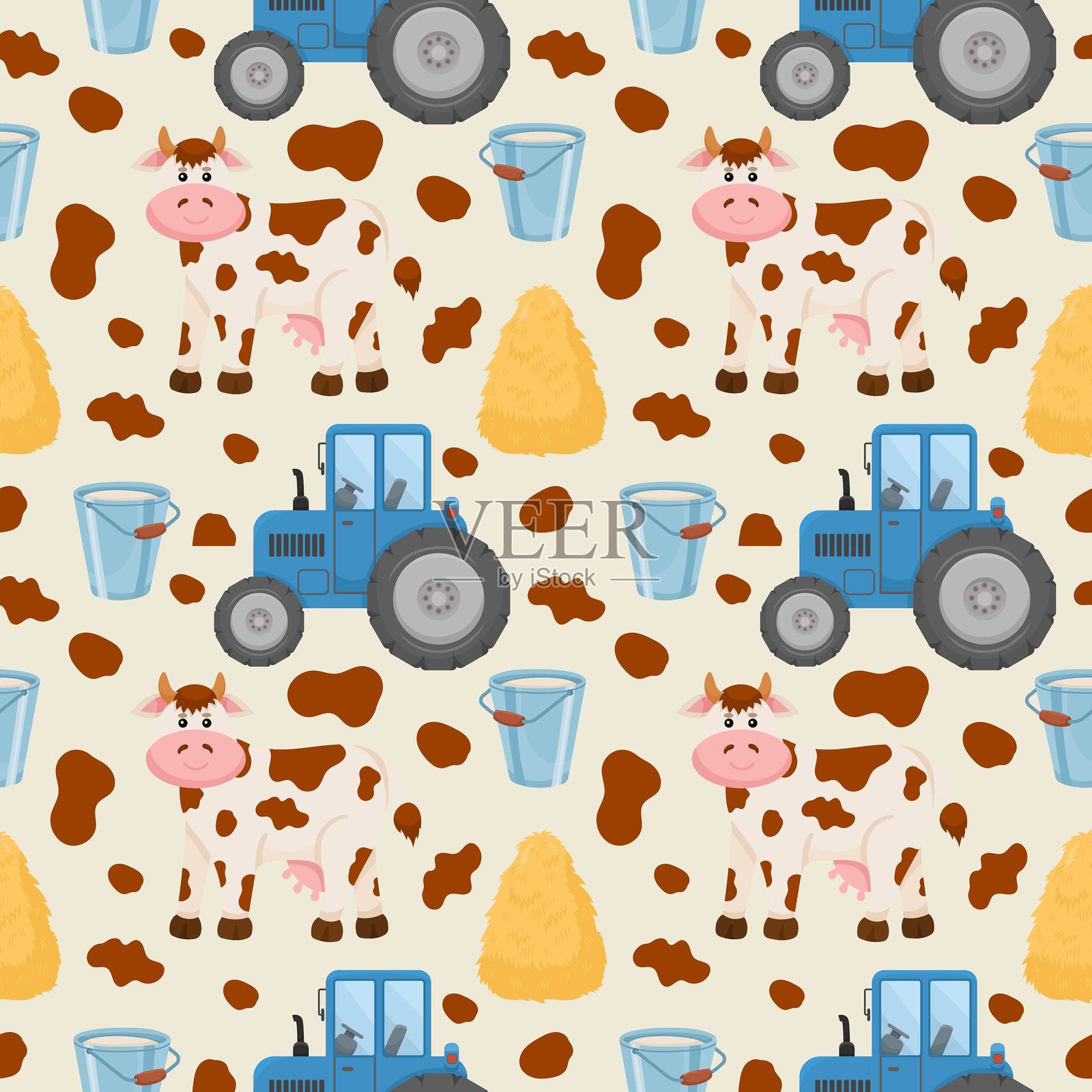 无缝图案，包含小牛和拖拉机，适合儿童的设计插画图片素材
