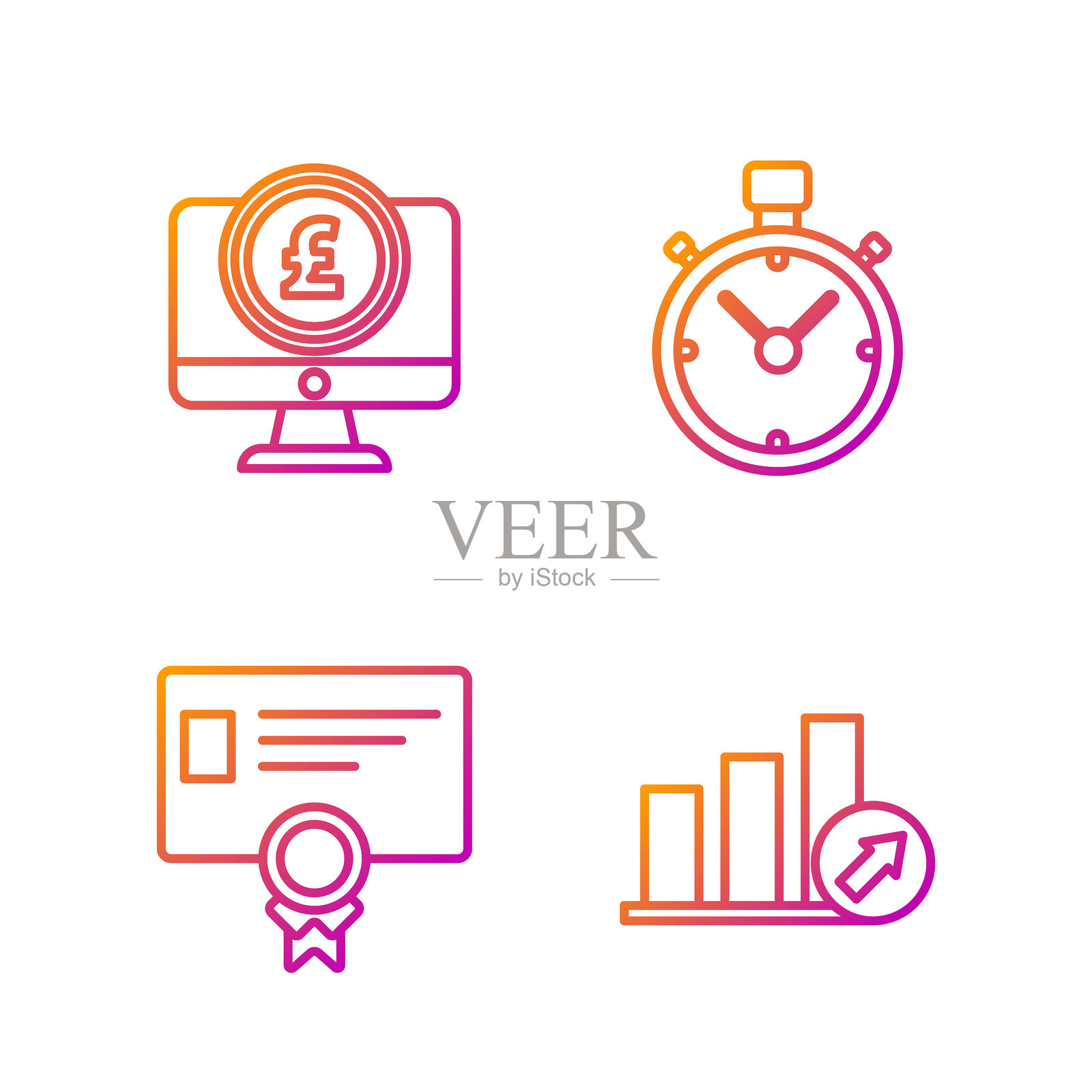 财务演示线条，包含图表、图形、图解、信息图、饼图、证书模板、带有英镑符号的计算机显示器和秒表。渐变色图标。矢量图。插画图片素材