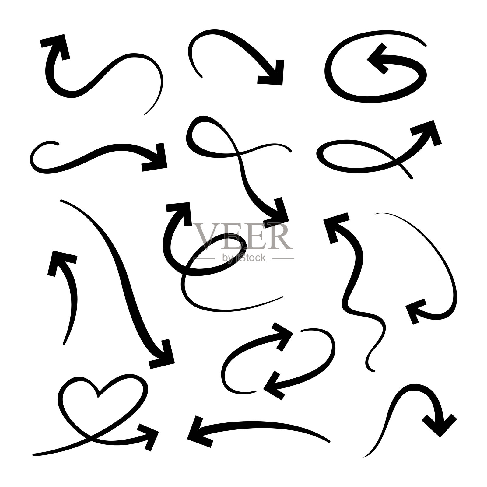 手绘黑色曲线涂鸦箭头草图指示线和涂鸦集，圆形和扭曲的设计插画图片素材