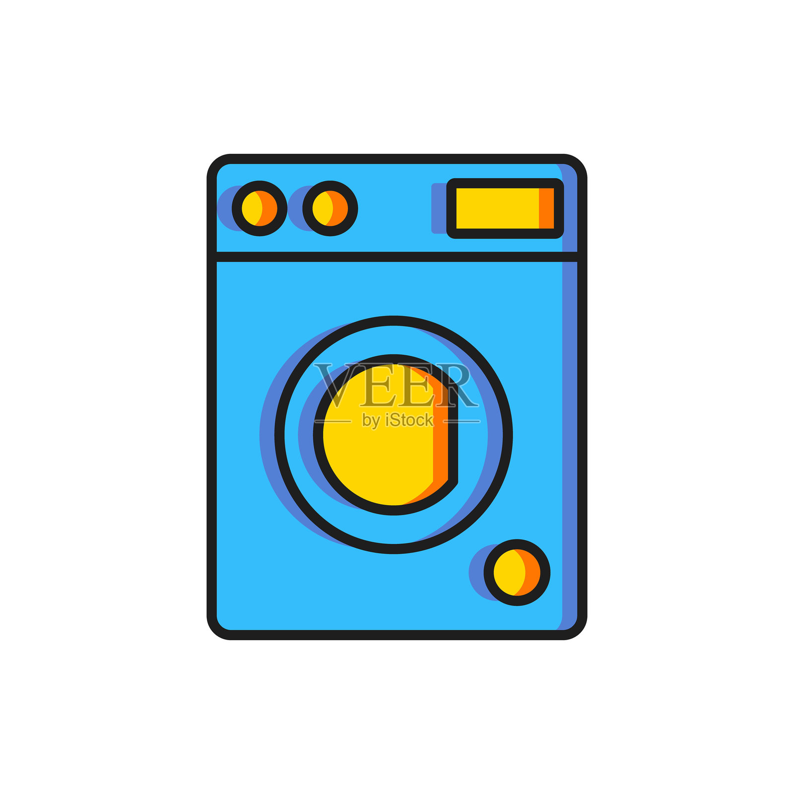 洗衣机图标，孤立在白色背景上。衣物洗涤机 - 洗衣机。家用电器符号。扁平填充轮廓风格，带阴影。矢量图。插画图片素材