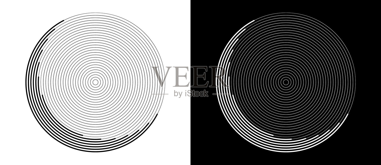 像月亮一样的线条组成的圆形。单色抽象背景或图标或标志。黑色形状在白色背景上，白色形状在黑色背景上。插画图片素材