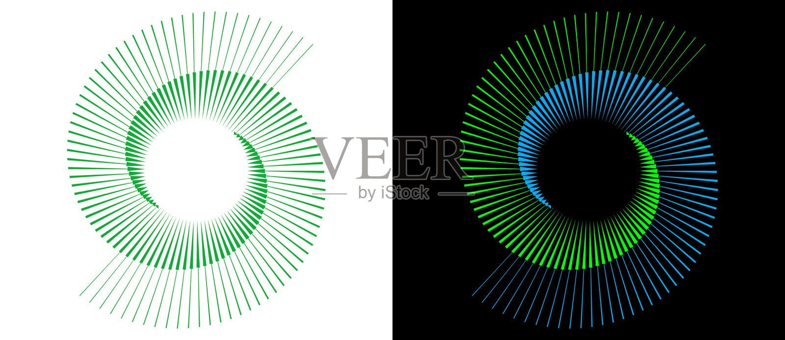 白色背景上带有绿色线条的螺旋图案，黑色背景上则是蓝绿色的动态抽象矢量背景或标志或图标。阴阳符号。生态或现代艺术概念。插画图片素材
