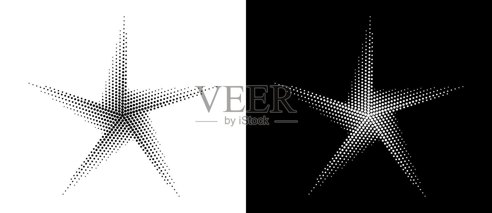 现代抽象背景。半色调矢量点呈螺旋或星形。设计元素或图标，标志。黑色图形在白色背景上，以及相同的白色图形在黑色背景上。插画图片素材
