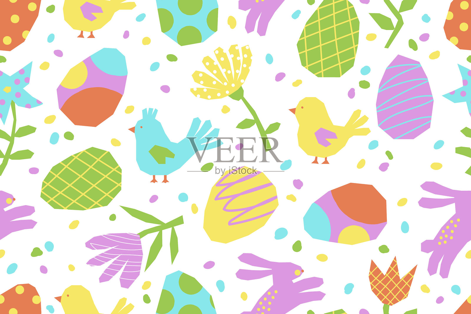 白色背景上的复活节无缝图案。图案包含复活节彩蛋、鸟类、小鸡、花朵和兔子，采用简约的天真风格。剪切出的彩色元素。矢量插图。插画图片素材