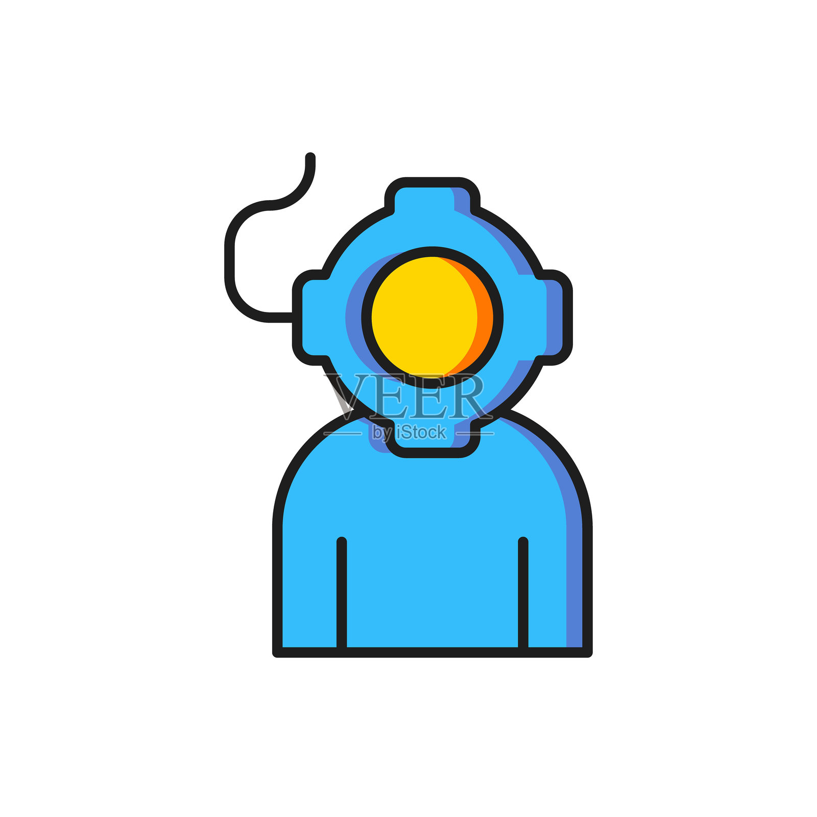 彩色潜水器图标，背景为白色。潜水头盔。潜水水下设备。扁平填充轮廓风格，带阴影。矢量图。插画图片素材