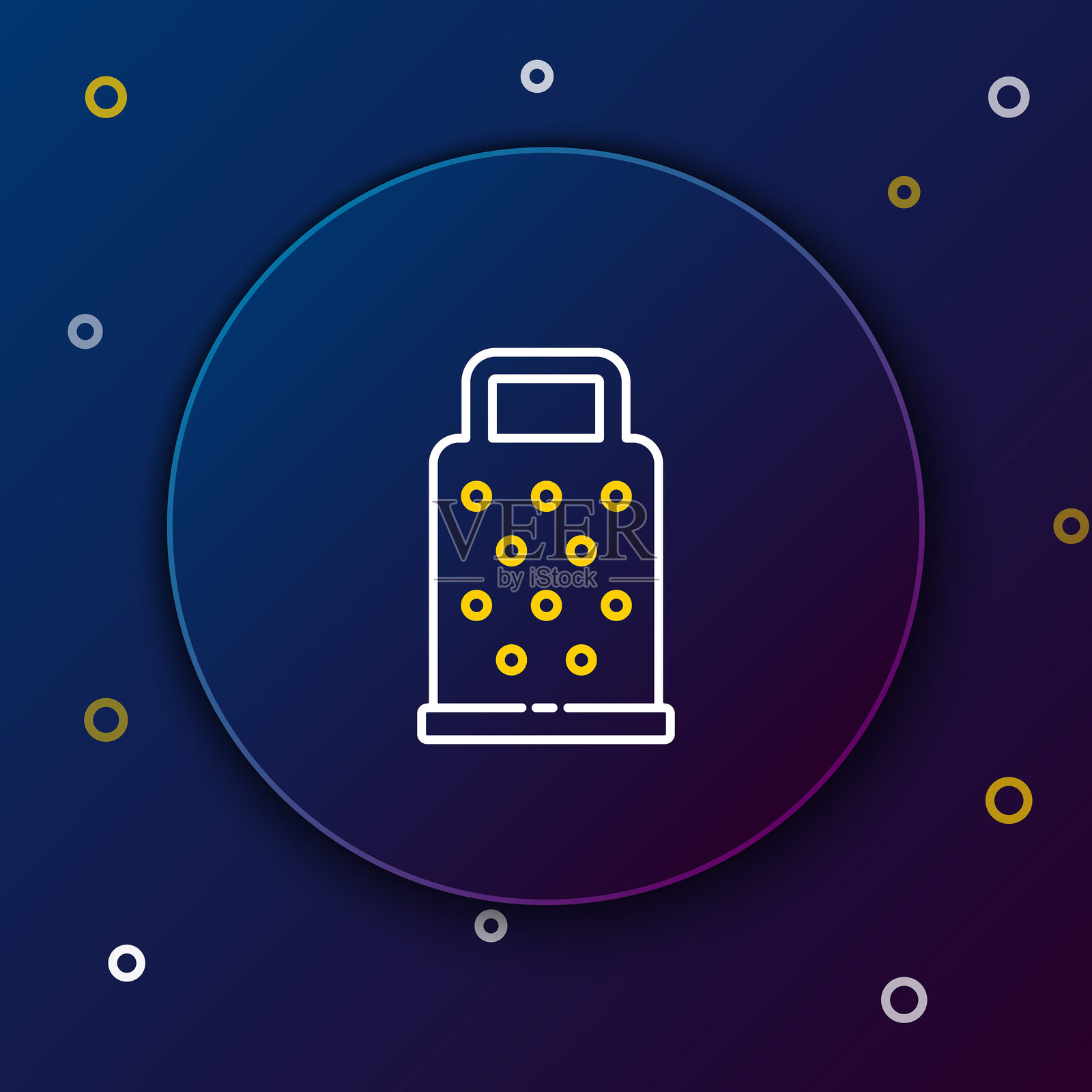 蓝色背景上的线性刨丝器图标。厨房符号。烹饪用具。餐具标志。彩色轮廓概念。矢量图。插画图片素材