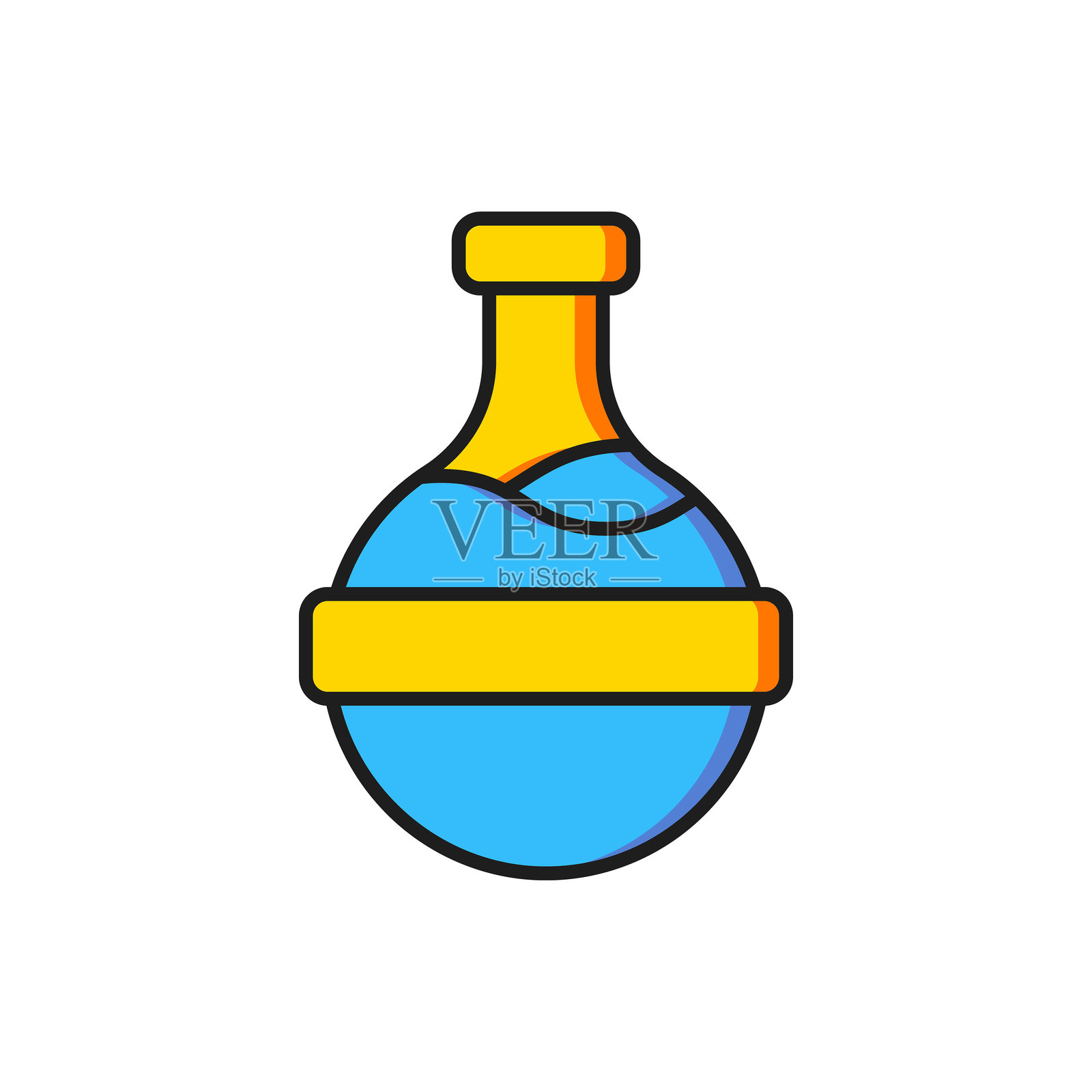 带有药水图标的彩色瓶子，孤立在白色背景上。装有魔法药水的烧瓶。快乐的万圣节派对。扁平填充轮廓风格，带阴影。矢量图。插画图片素材