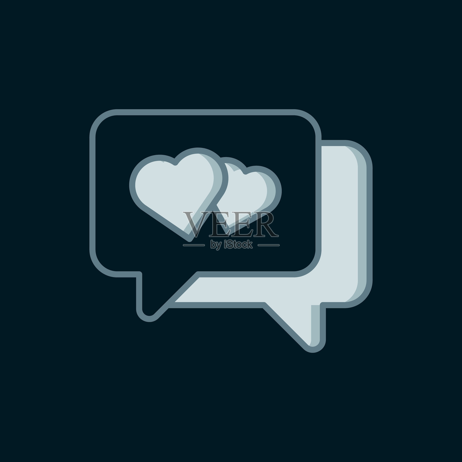 黑色背景上的心形线条在对话气泡图标中。情人节快乐。扁平填充轮廓风格，带阴影。矢量图。插画图片素材