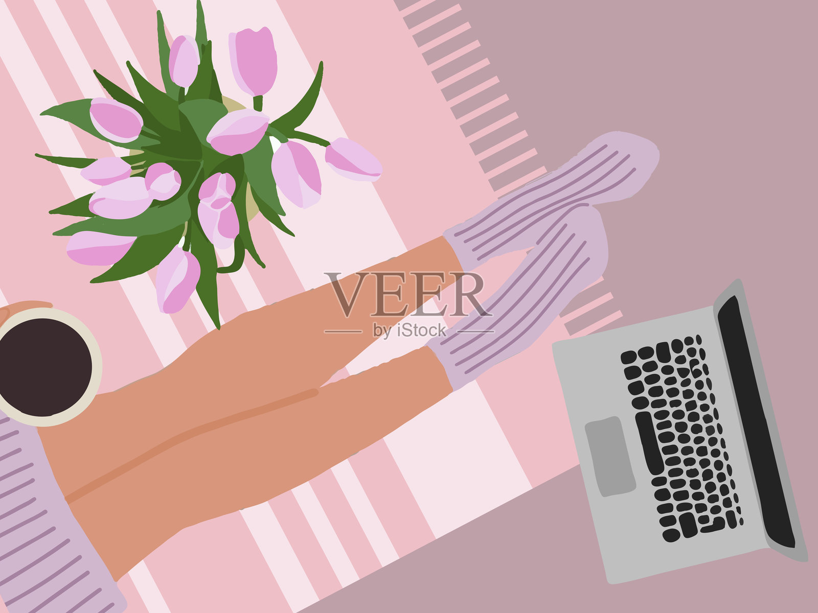 女人的腿在地板上，仰视平面风格，旁边有笔记本、花束和一杯茶、咖啡或可可。插画图片素材