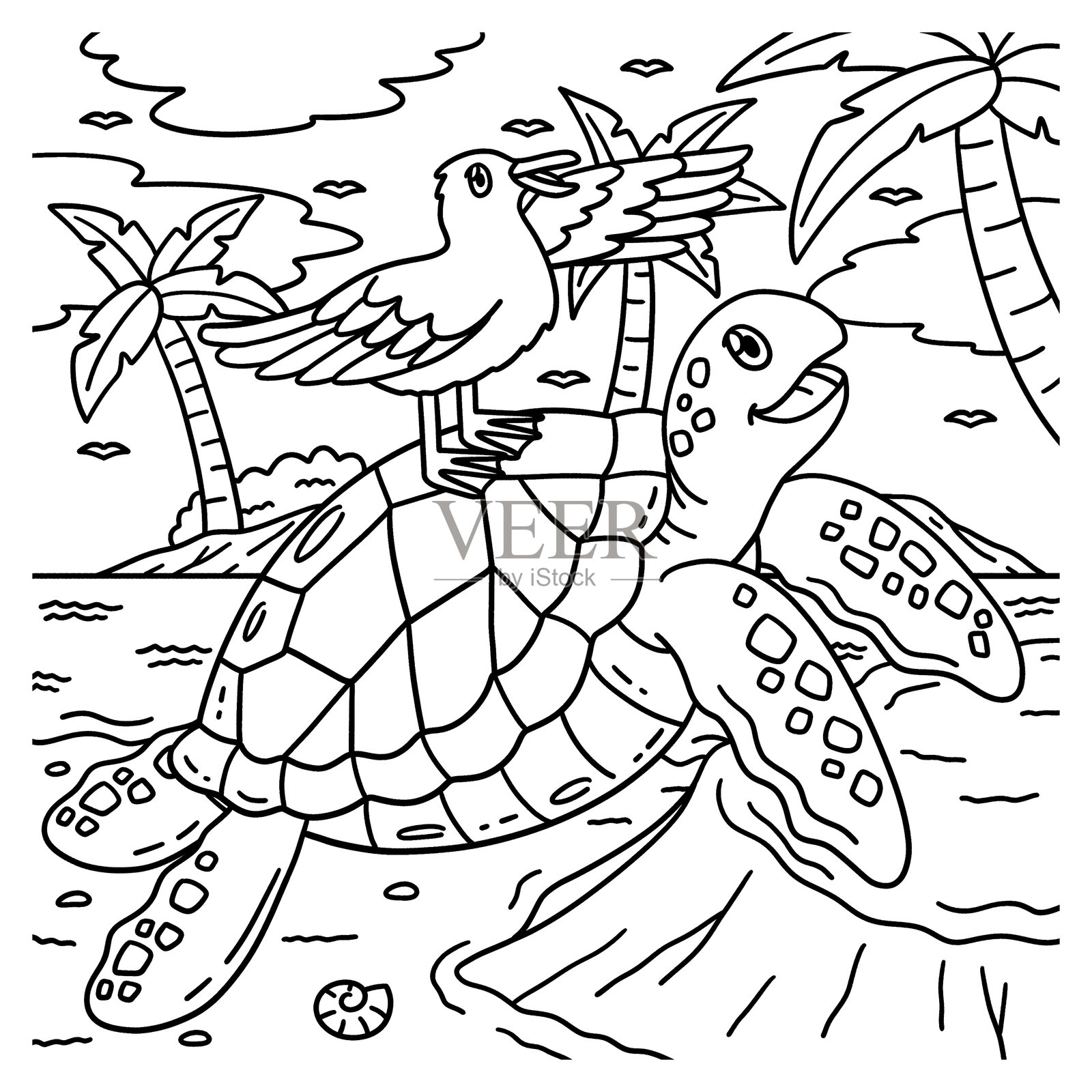 孩子们的海鸥与乌龟的涂色页插画图片素材