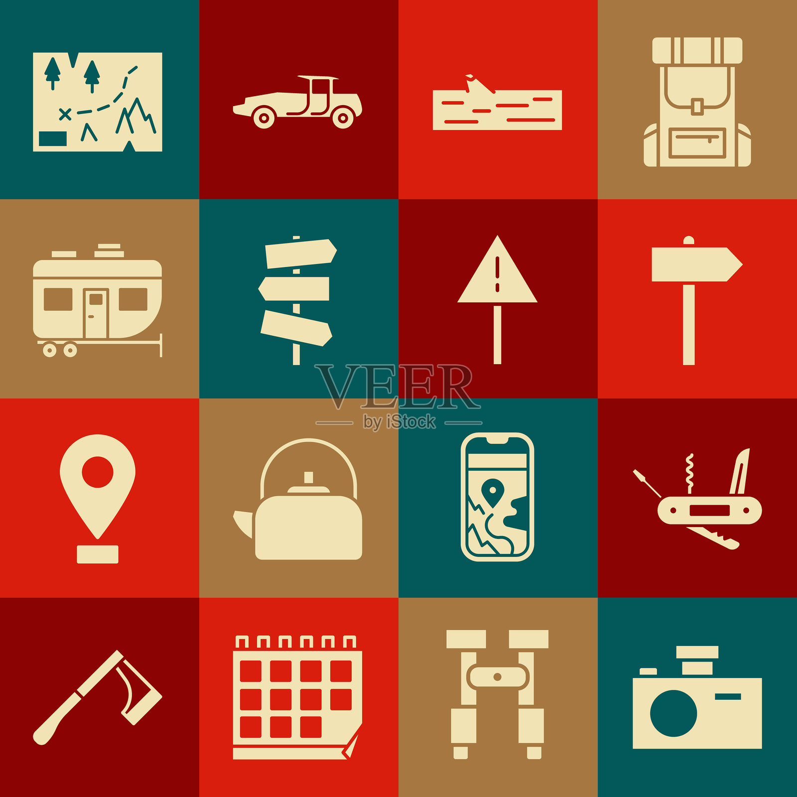 相机、瑞士军刀、道路交通标志、木头原木、房车露营拖车、带有位置的折叠地图和感叹号三角形图标。矢量图。插画图片素材