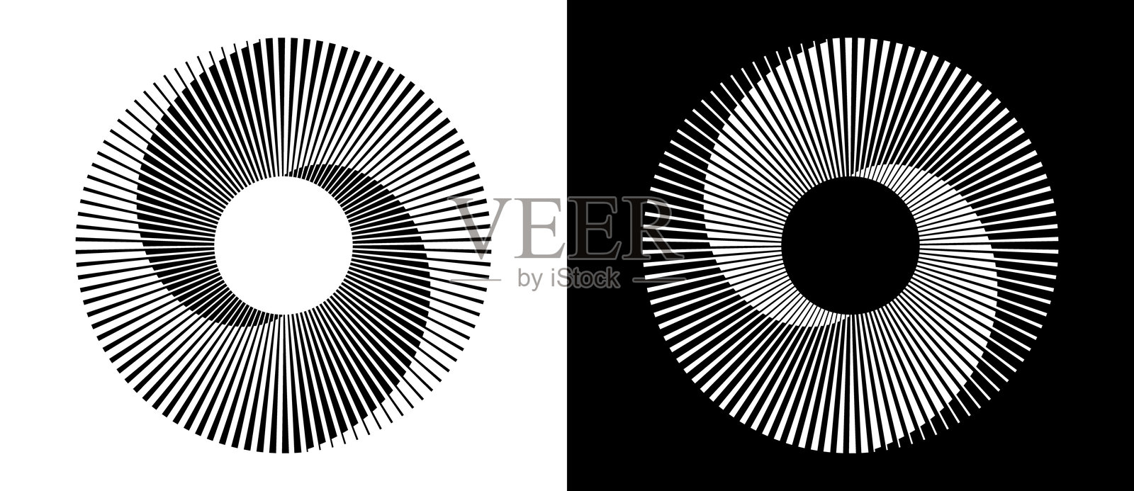 一组带线条的圆圈。线条为一种颜色，厚度各异。黑色螺旋在白色背景上，白色螺旋在黑色背景上。动态设计元素，标志或图标。插画图片素材