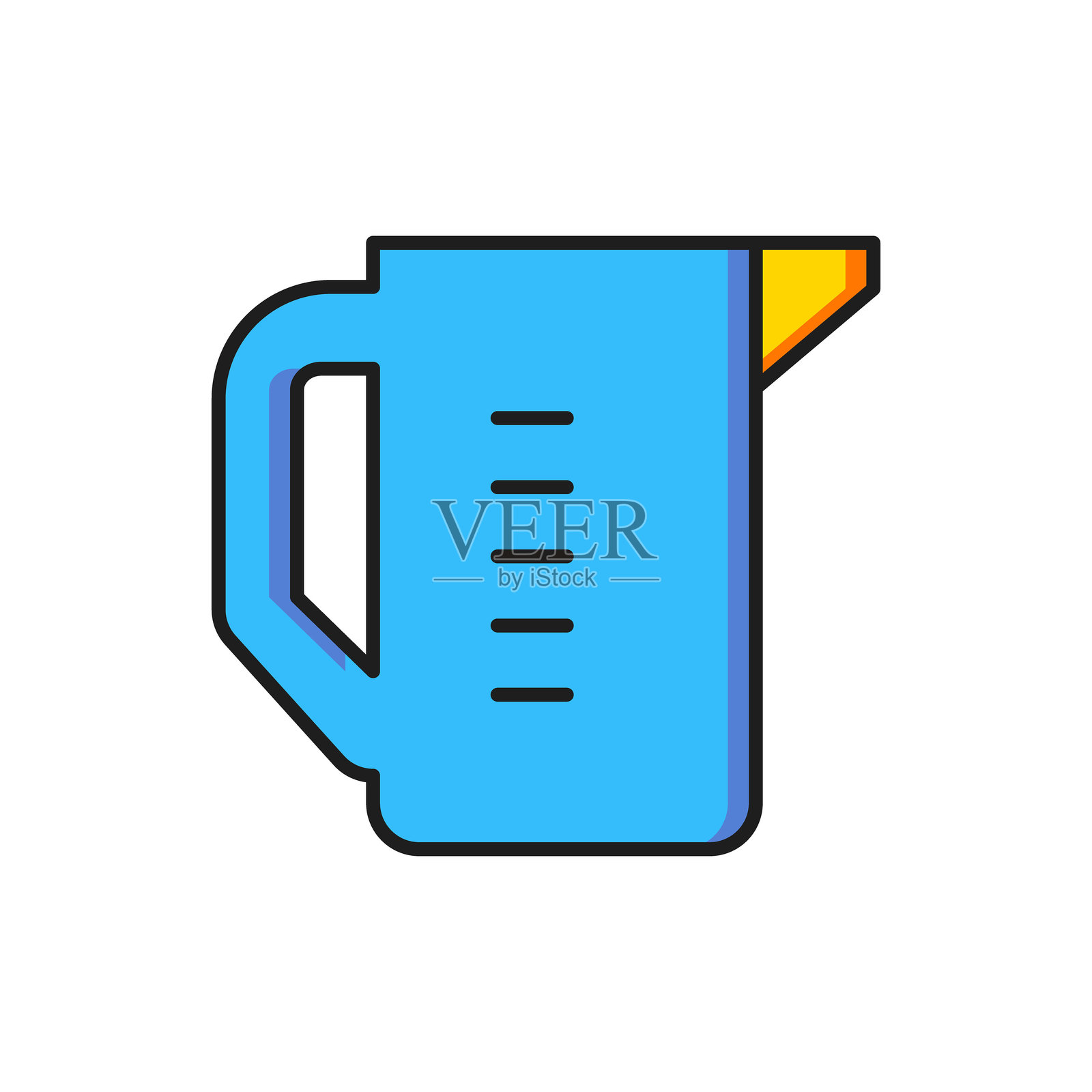 彩色量杯图标，用于测量干燥和液体食品，背景为白色。带把手的塑料刻度量杯。扁平填充轮廓风格，带阴影。矢量图。插画图片素材