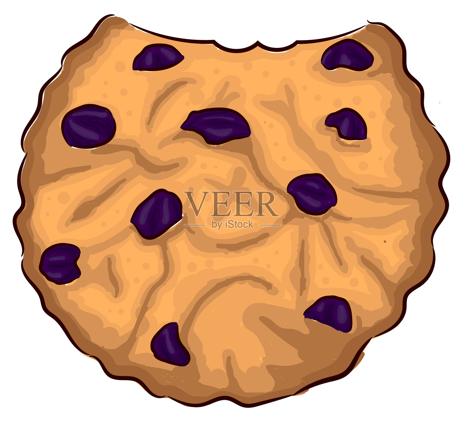 手绘的短饼干，咬了一口，里面有葡萄干插画图片素材