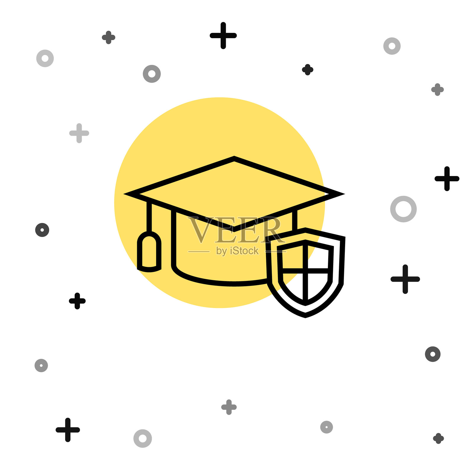 黑色线条的毕业帽与盾牌图标，背景为白色。保险概念。安全、保护、守护的理念。随机动态形状。矢量图。插画图片素材