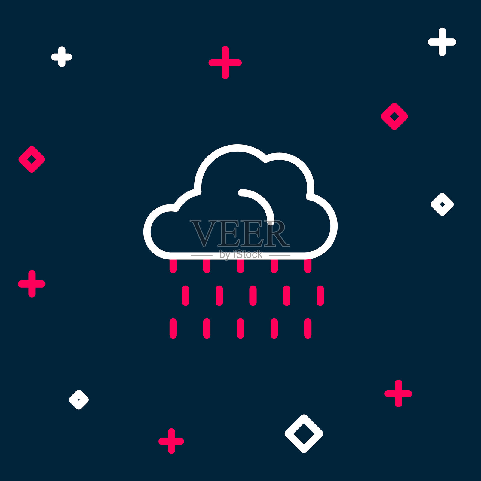 蓝色背景上的线条云朵与雨滴图标。带有雨滴的雨云降水。彩色轮廓概念。矢量图。插画图片素材