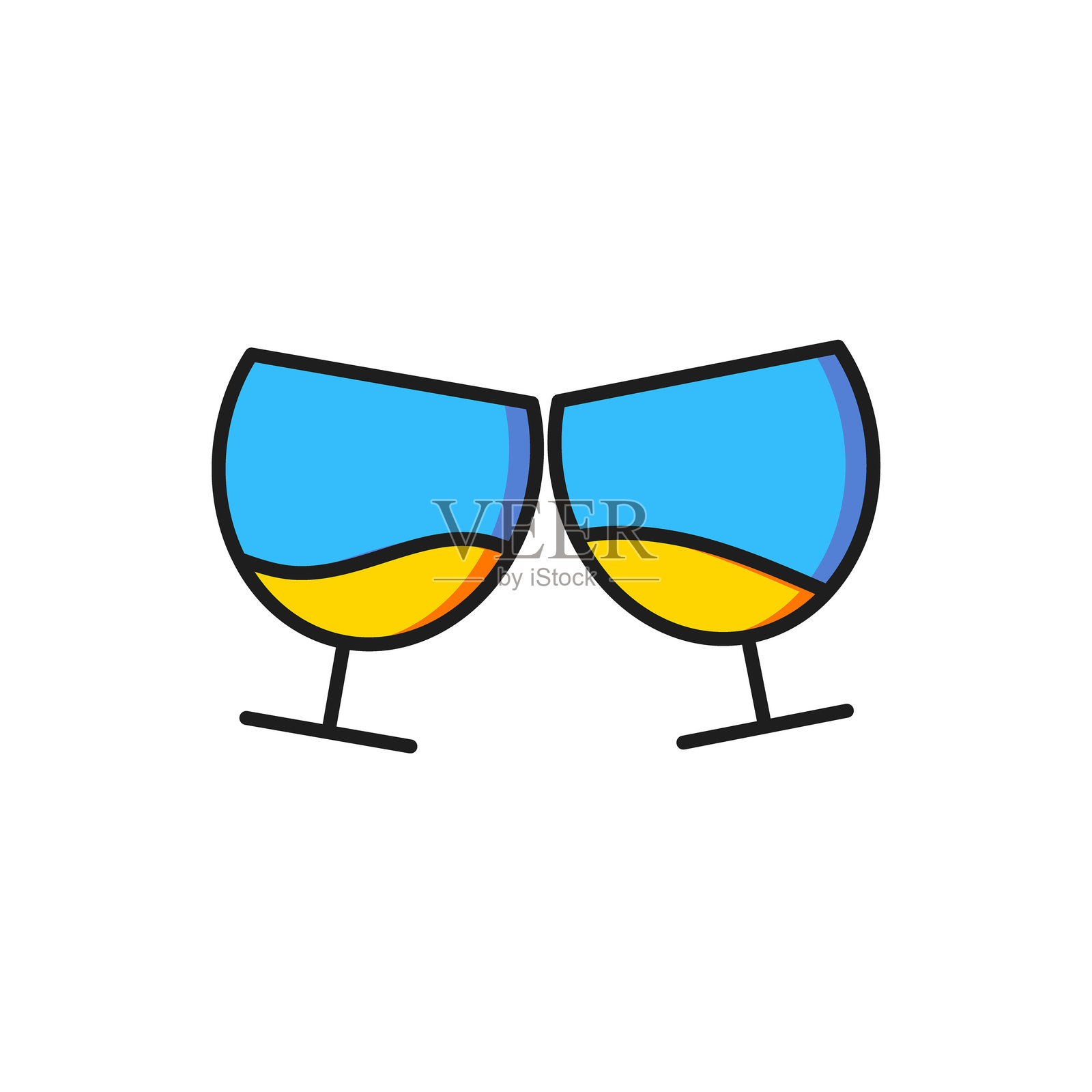 彩色的白兰地或干邑酒杯图标，背景为白色。扁平填充轮廓风格，带有阴影效果。插画图片素材