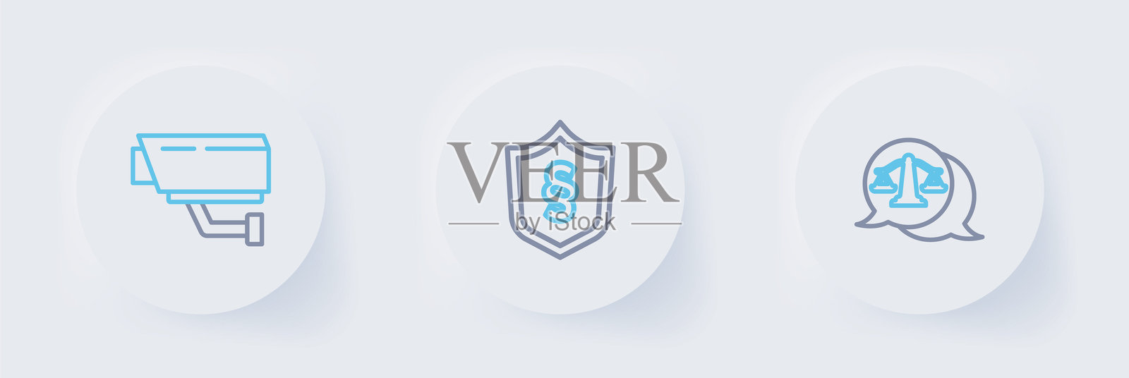 正义的天平、法律盾牌中的正义和监控摄像头图标。矢量图。插画图片素材