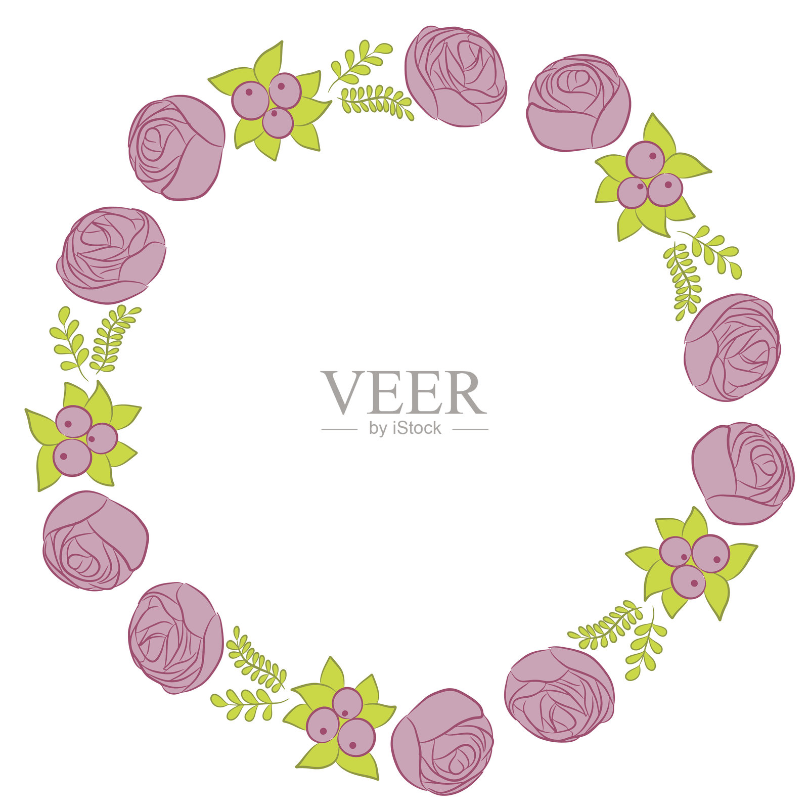 手绘玫瑰、叶子和浆果的简单花卉圆形框架，孤立在白色背景上插画图片素材