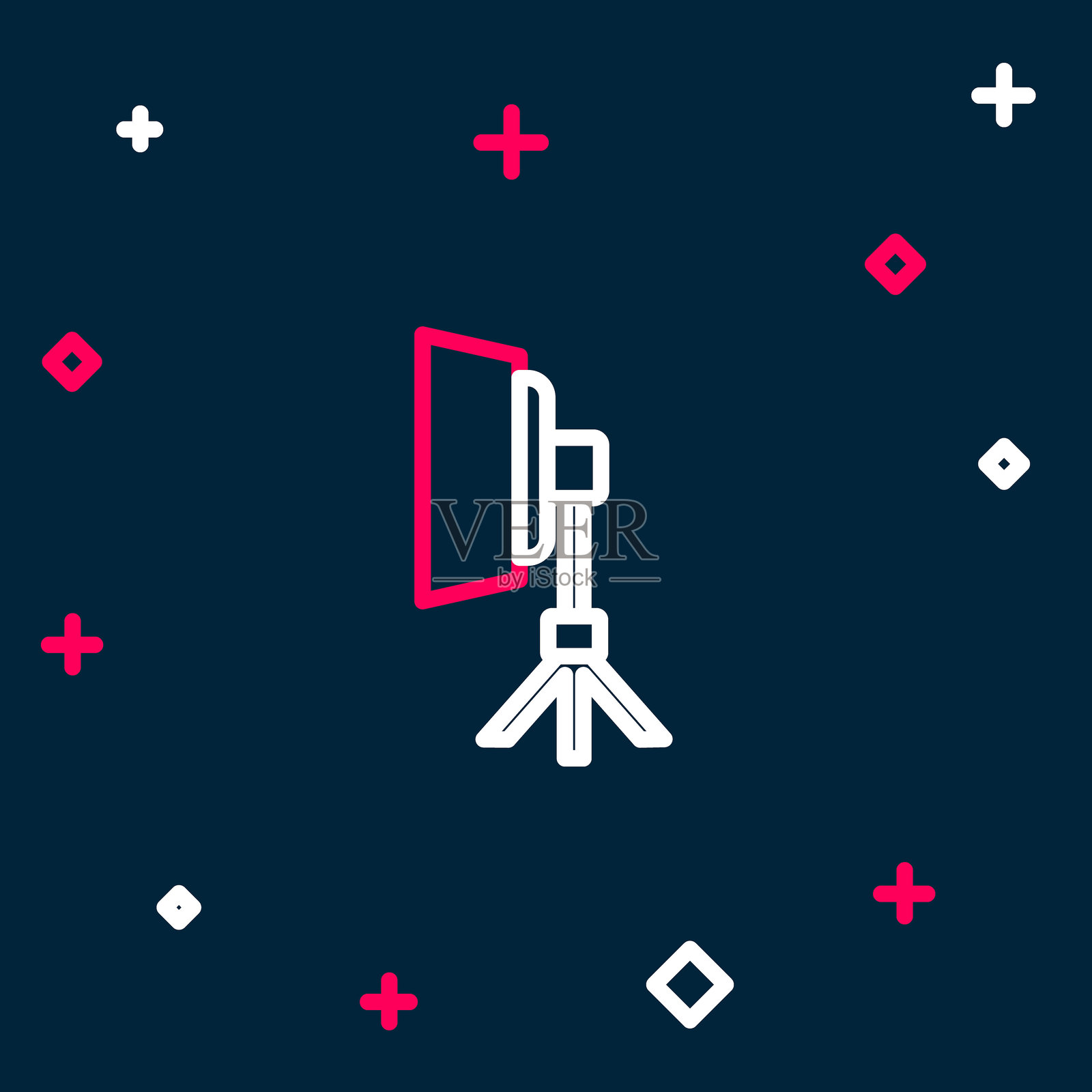 线条工作室灯泡在柔光箱图标，背景为蓝色。阴影反射设计。彩色轮廓概念。矢量图。插画图片素材