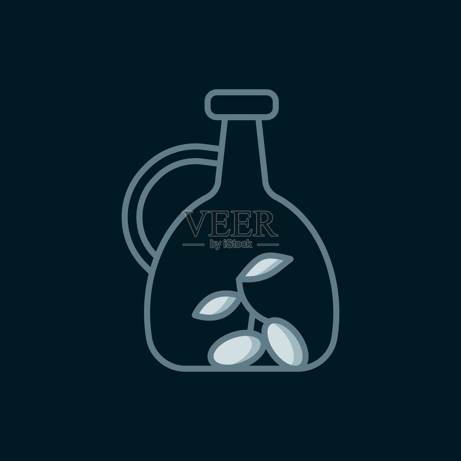 橄榄油瓶图标，黑色背景上的线条设计。带有阴影的平面填充轮廓风格的橄榄油壶图标。插画图片素材
