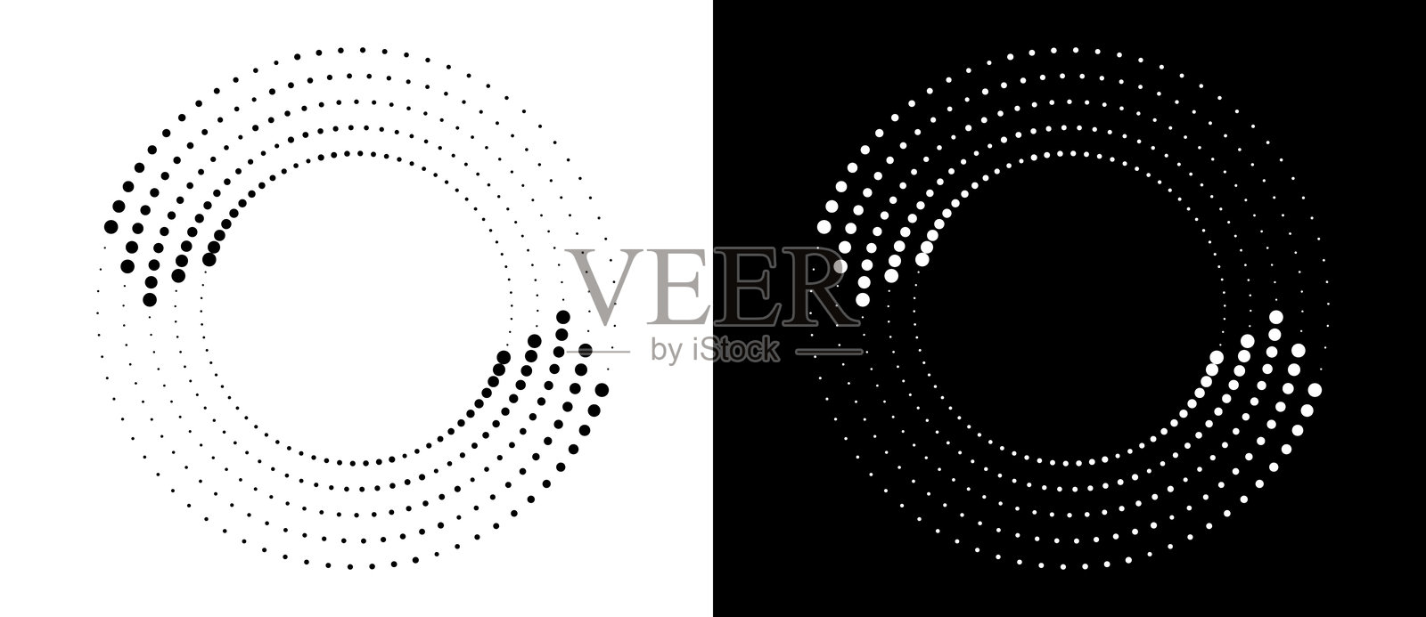 动态半色调点状箭头的圆形抽象背景。黑色形状在白色背景上，白色形状在黑色背景上。插画图片素材