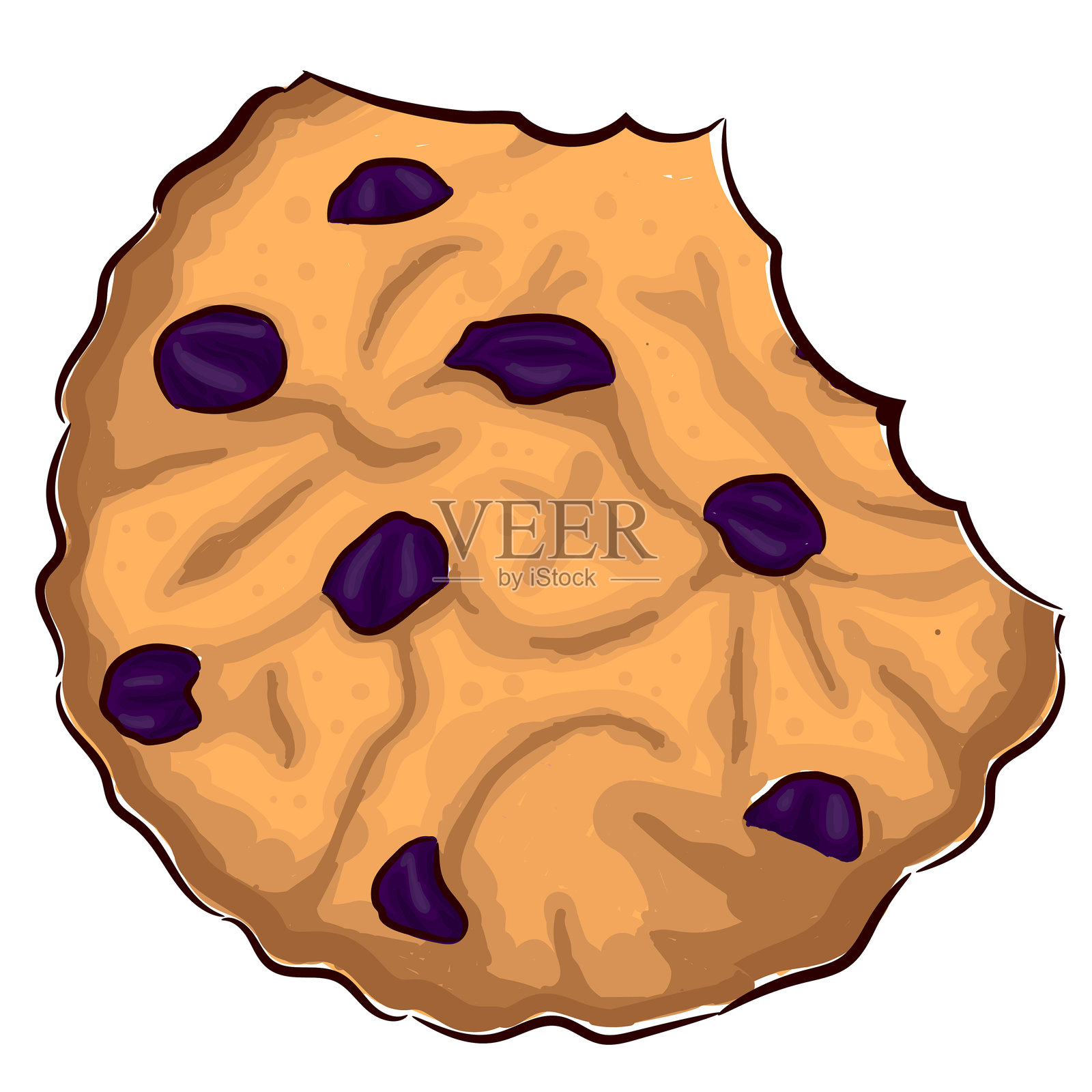 手绘的短饼干，咬了一口，里面有葡萄干插画图片素材