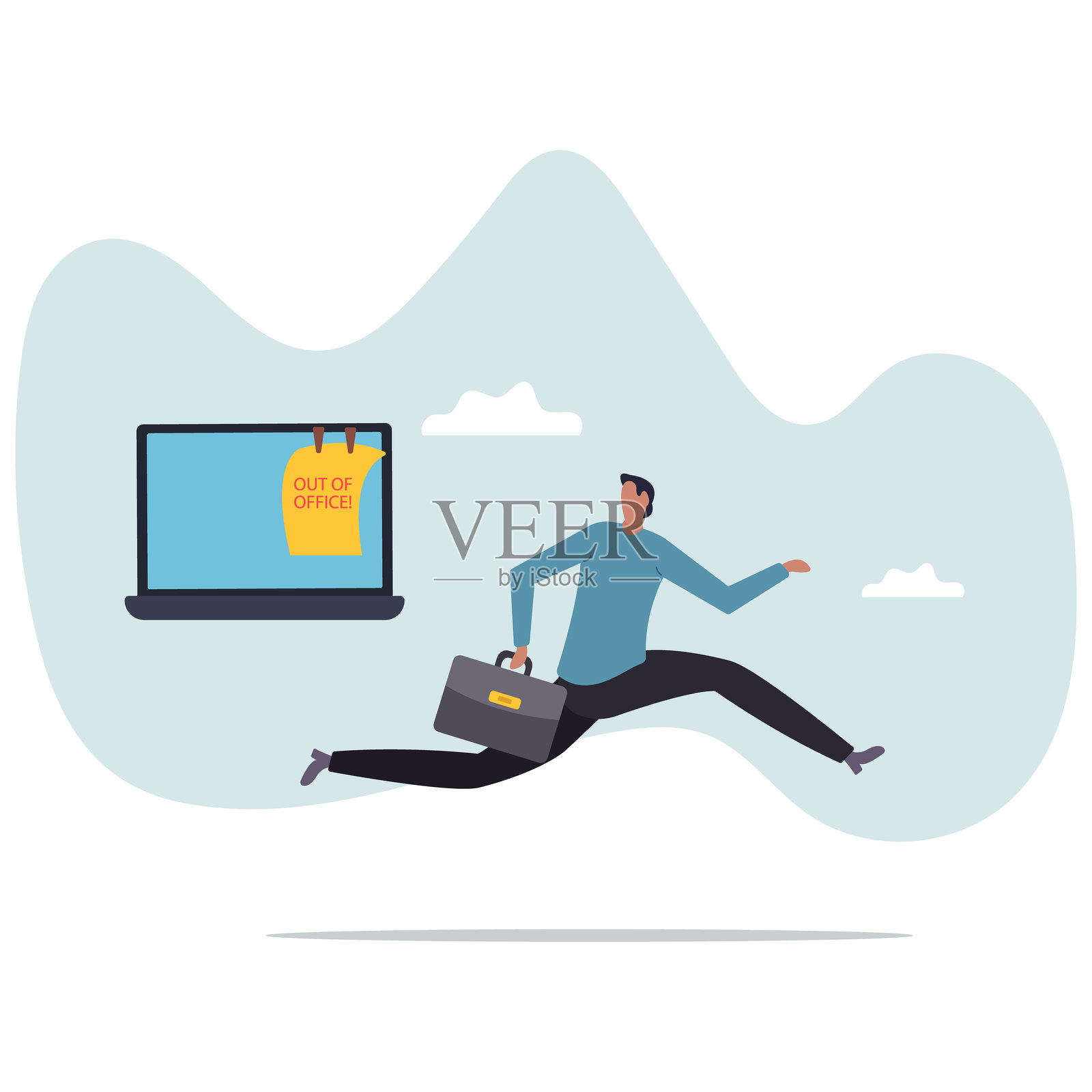 外出办公通知消息，假期或休假便签贴在笔记本电脑上，通知或暑假公告，设计角色插画图片素材