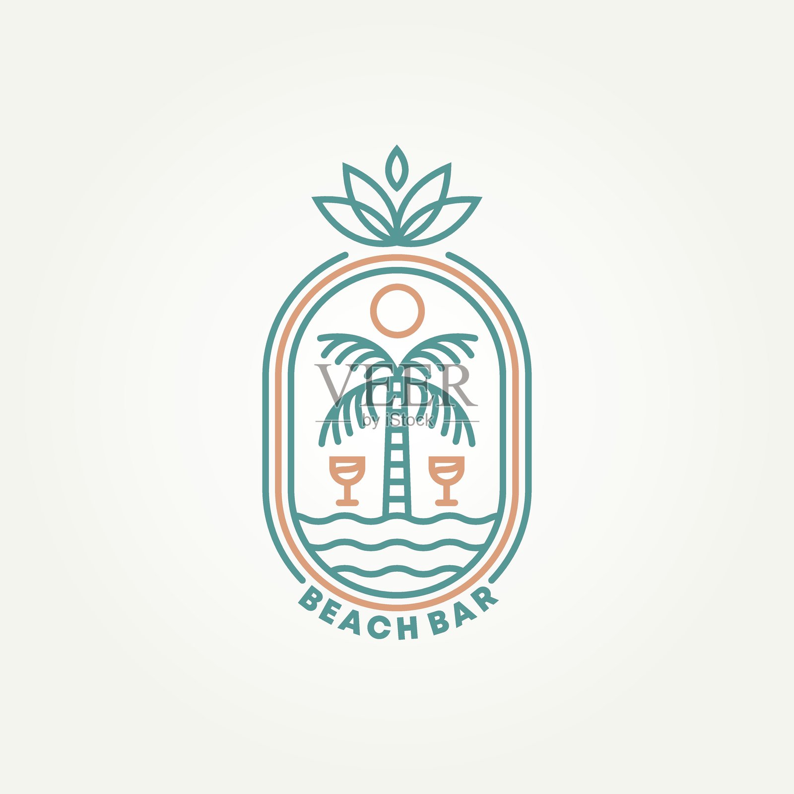 简约海滩酒吧夏季俱乐部徽章图标模板矢量插图设计。简单现代的热带椰子棕榈树与鸡尾酒标志概念。插画图片素材