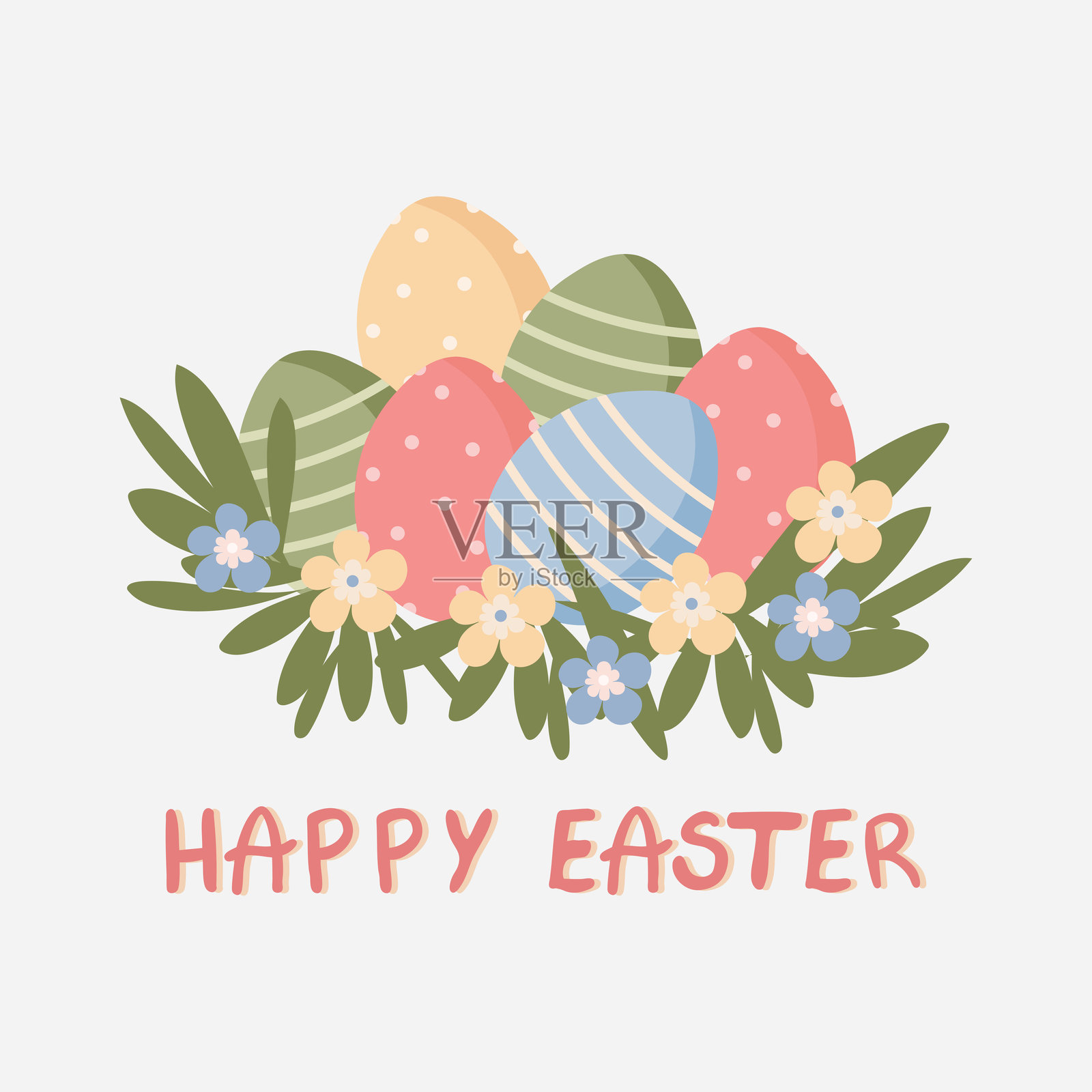 复活节彩蛋和春季花卉扁平设计。矢量插图插画图片素材