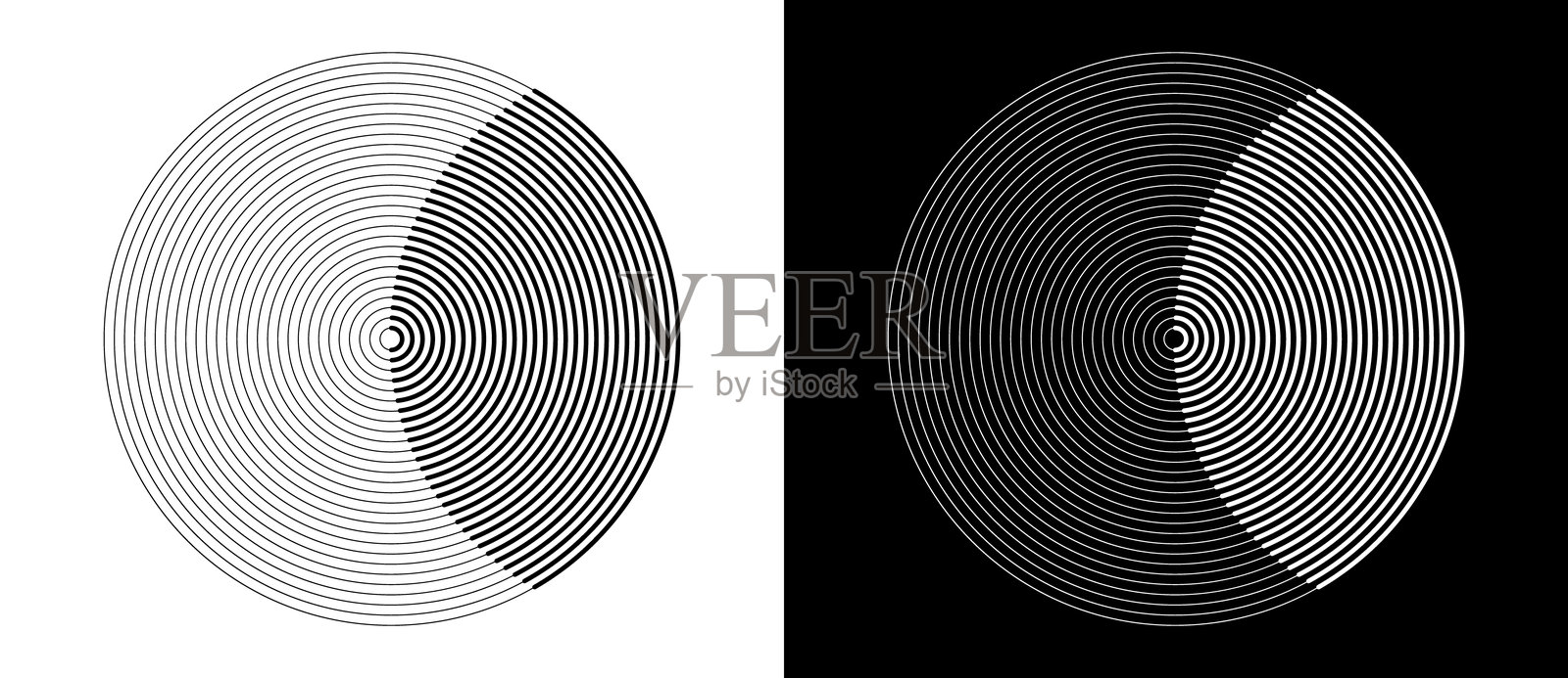 像月亮一样的线条组成的圆形。单色抽象背景或图标或标志。黑色形状在白色背景上，以及相同的白色形状在黑色背景上。插画图片素材