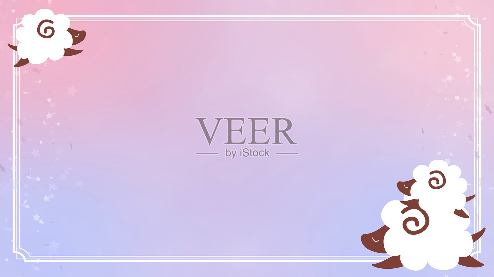 优雅渐变背景上，框架内有一只羊在睡觉，星星缓缓落下。插画图片素材
