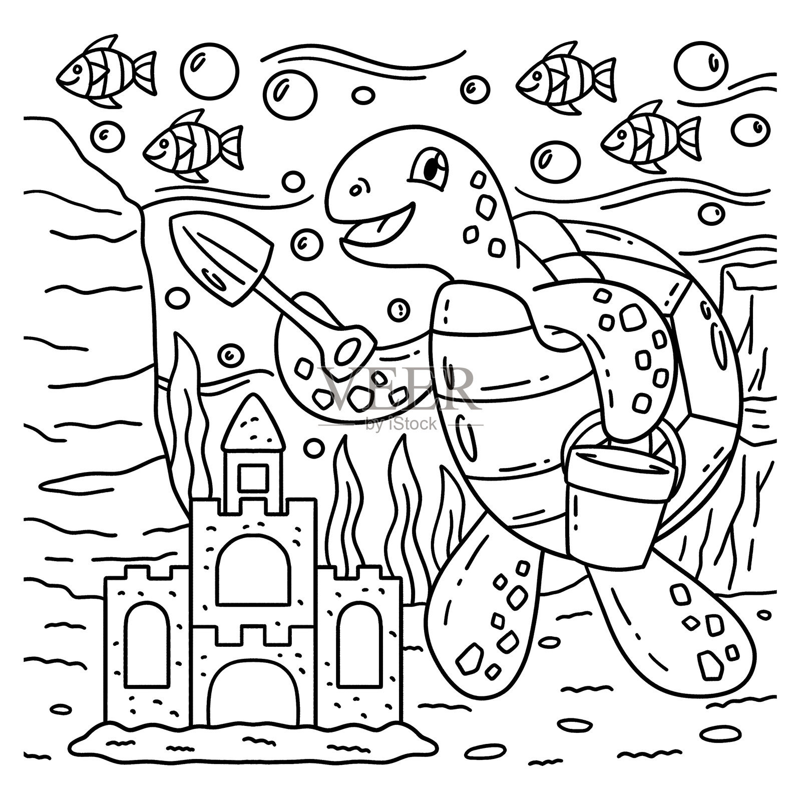 小乌龟建沙堡的涂色页插画图片素材