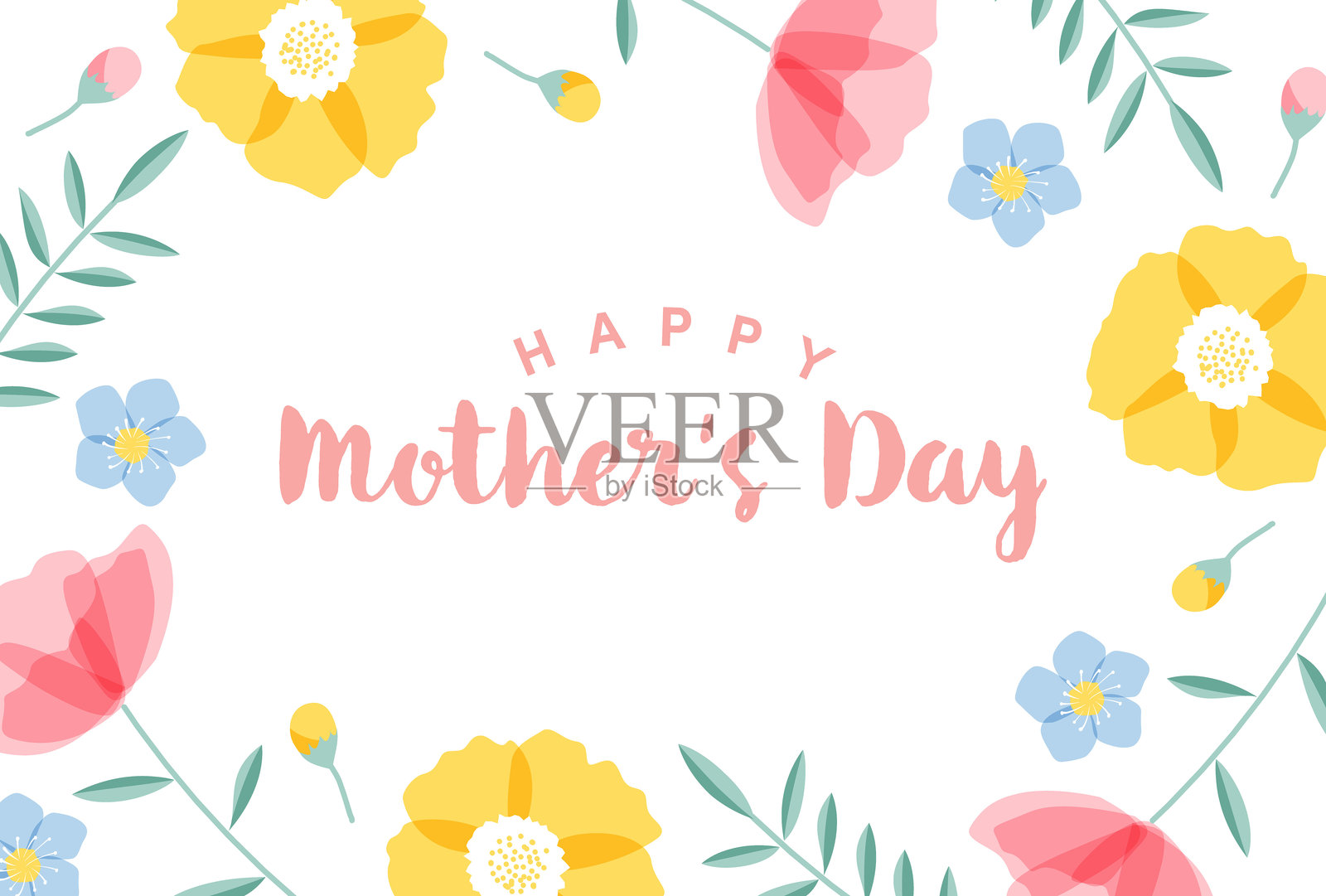 多彩的花朵和叶子框架，适用于母亲节、情人节、国际妇女节等。插画图片素材
