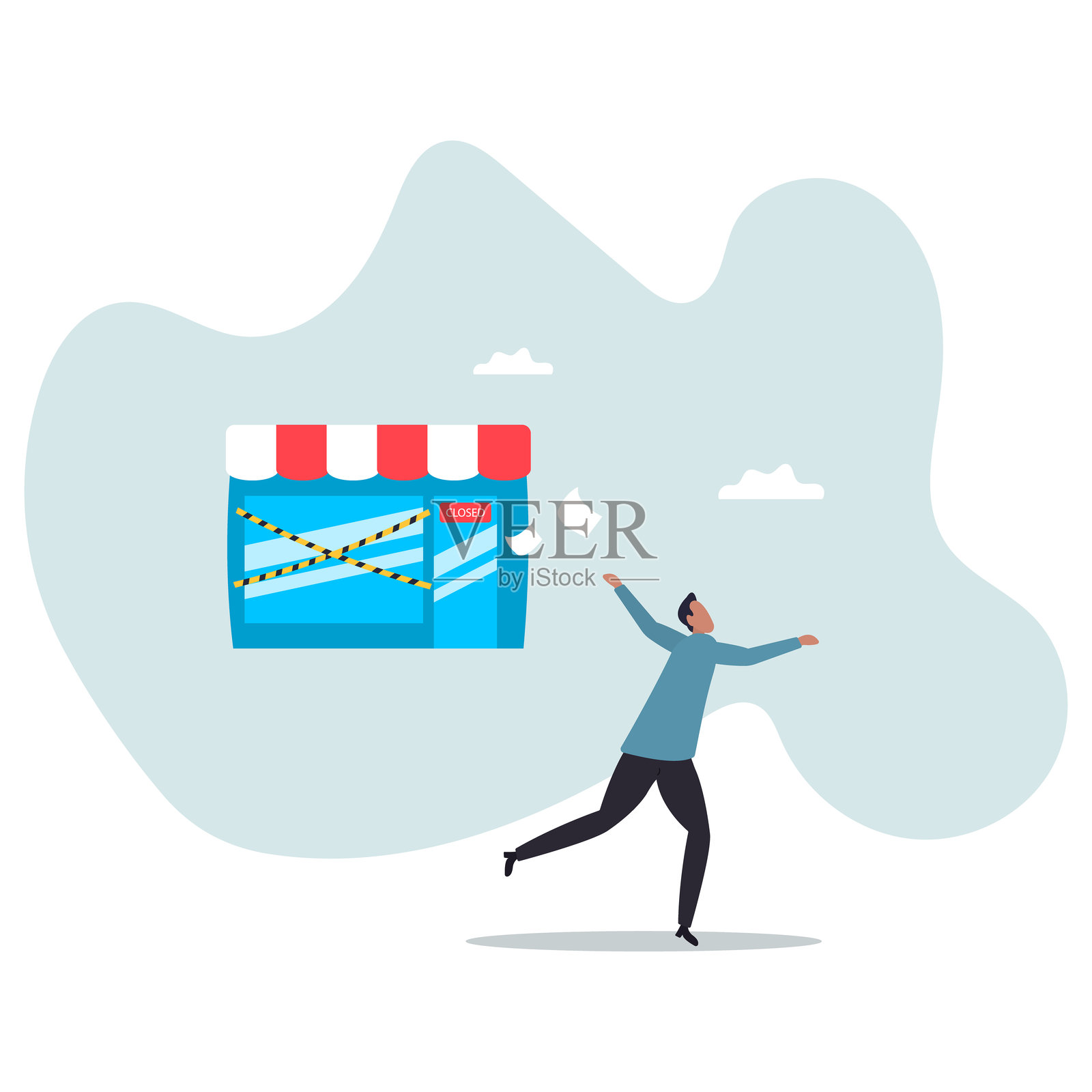 关闭企业，决定停止运营公司，办公室因停业而关闭，商店，结束营业的招牌问题或经济衰退。设计角色。插画图片素材