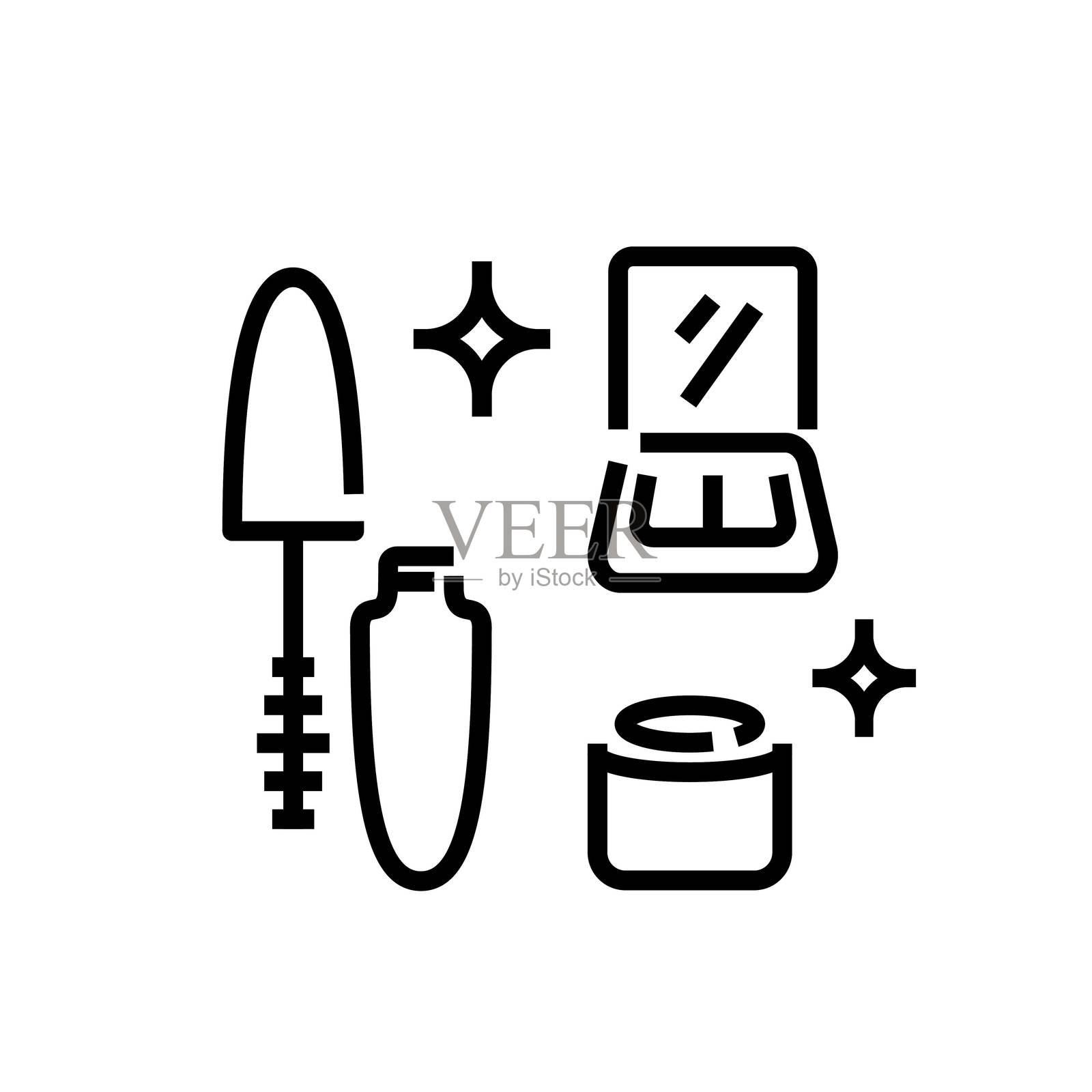 装饰性化妆品的线条图标，包含睫毛膏管、眼影盘、润唇膏容器和闪光效果。可编辑的线条。适用于美容设计、品牌、网站和移动应用。矢量插图。插画图片素材